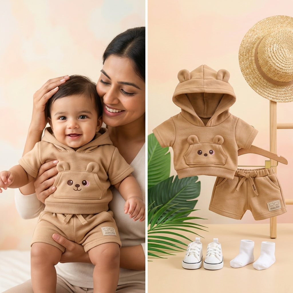 Adorable Bear-Ear Hoodie & Shorts Co-ord Set for Babies – Soft Cotton, Cute Pouch Pocket Design (Cream/Brown)