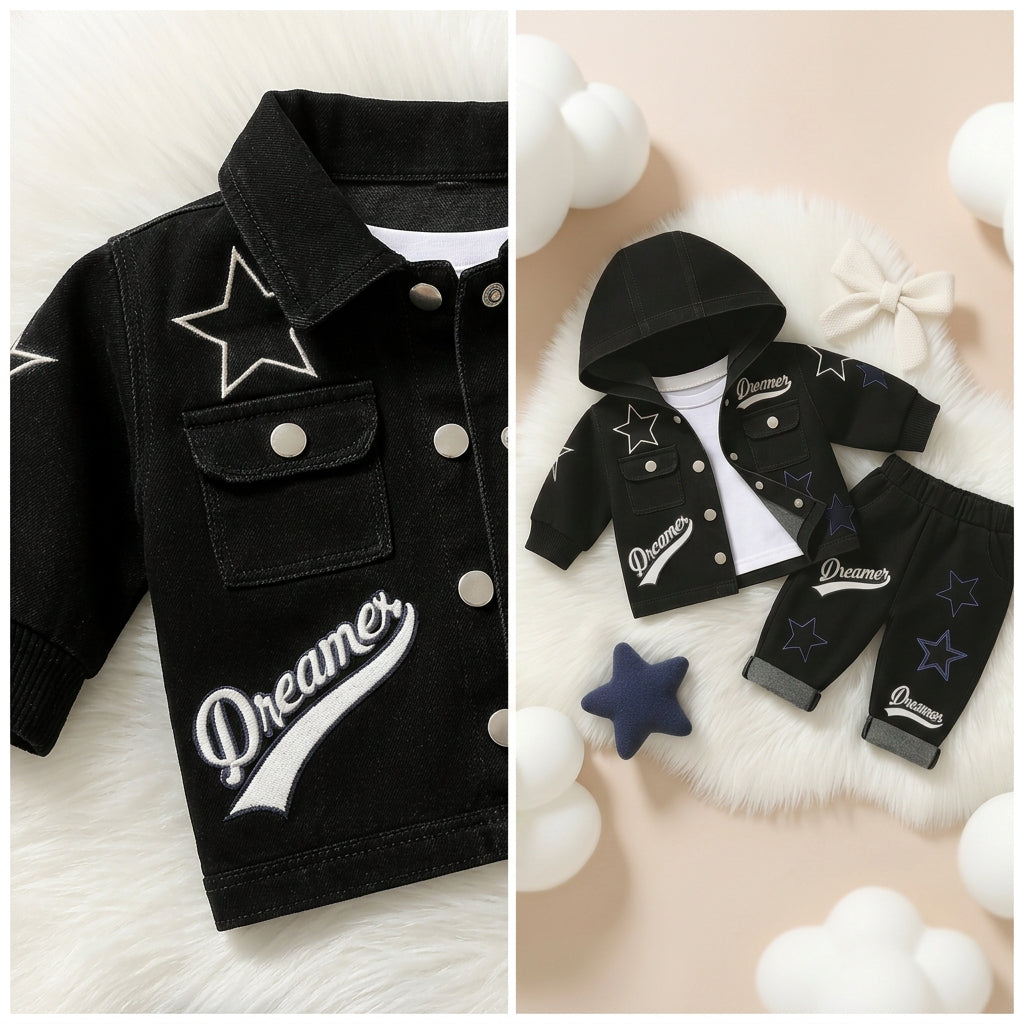 Dreamer Star Denim Jacket & Pants Set for Baby Boys 🌟 Premium 3-Piece Co-ord Set | 4 Colors Available