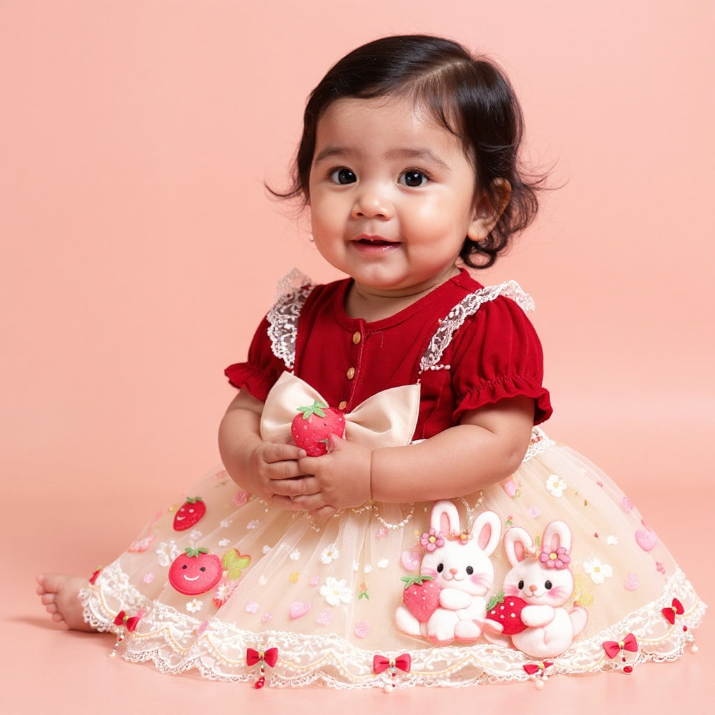 🍓 Cute Bunny Strawberry Baby Girl Party Dress 🎀