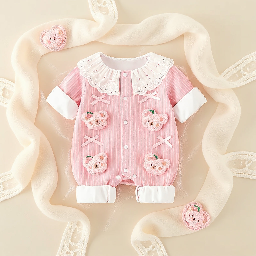 Summer Journey Baby Romper – Pink, Light Yellow & Beige Cute Teddy Cotton Outfit