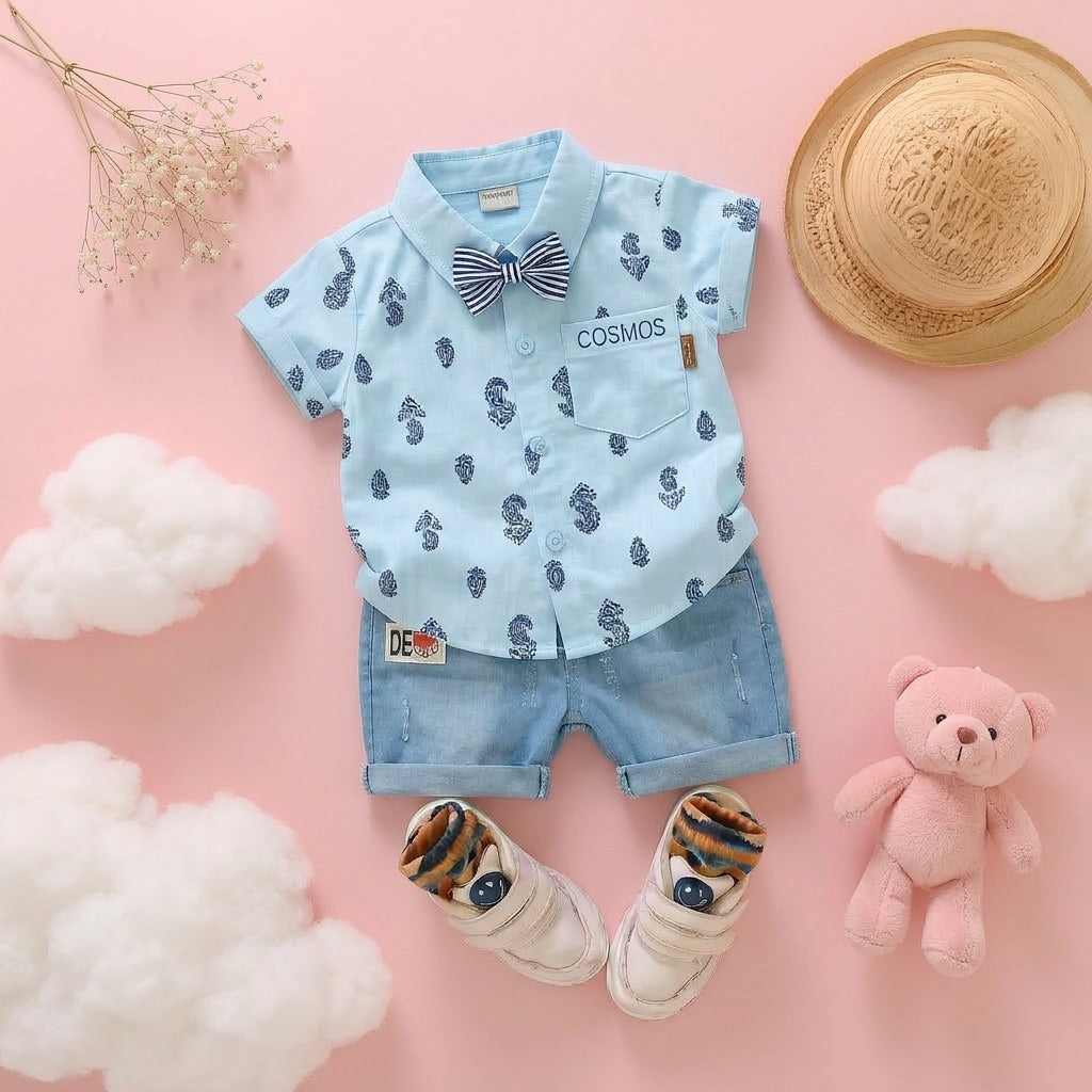 Baby Boys Formal Summer Outfit Set with Bow Tie & Shorts – Available in White, Black & Sky Blue