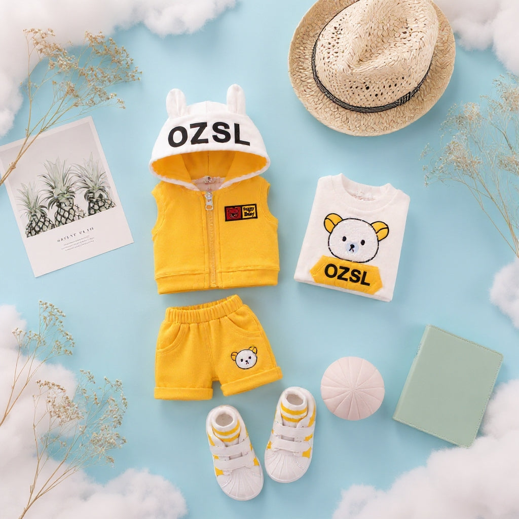 🐻 3PCS Baby Clothing Set – Bunny Ear Hoodie Vest, Cute Bear T-Shirt & Soft Shorts Set for Baby Boys & Girls 💛