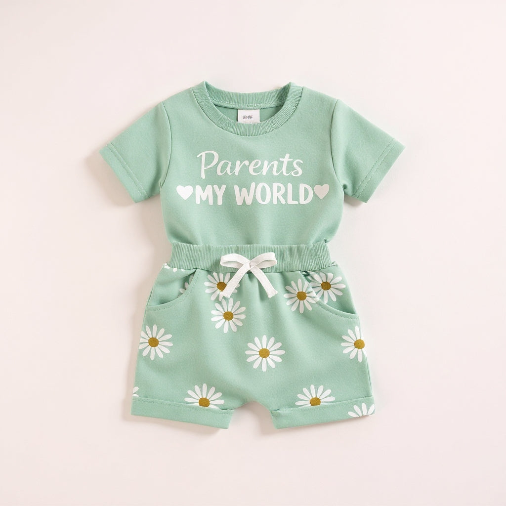🌸 Parents My World Kids Summer Co-Ord Set 💖 | Soft Cotton T-Shirt & Daisy Shorts Combo (3 Colors, 0–5 Years)