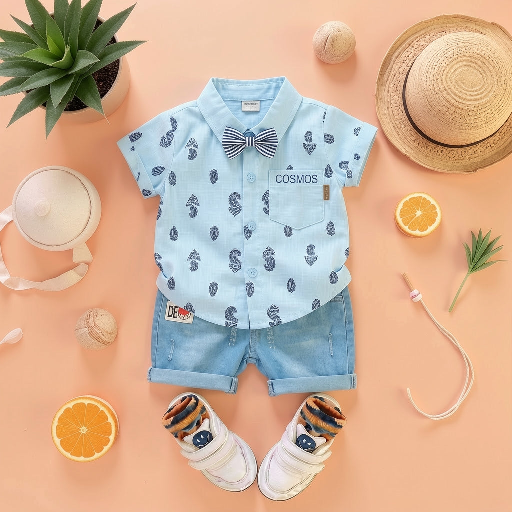 Baby Boys Formal Summer Outfit Set with Bow Tie & Shorts – Available in White, Black & Sky Blue