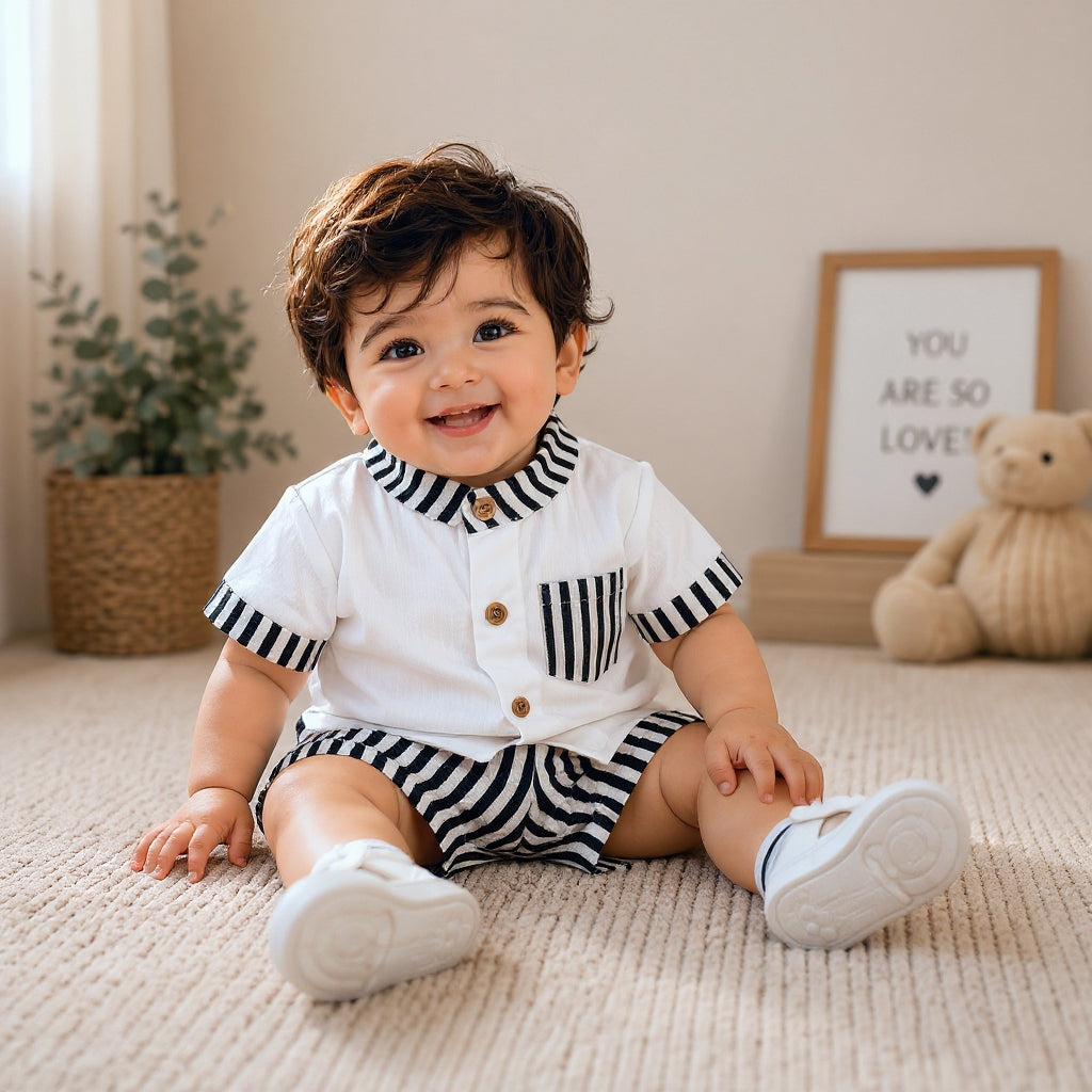 Stylish Kids Summer Co-ord Set | Black & White Striped Half Sleeve Shirt & Shorts Outfit