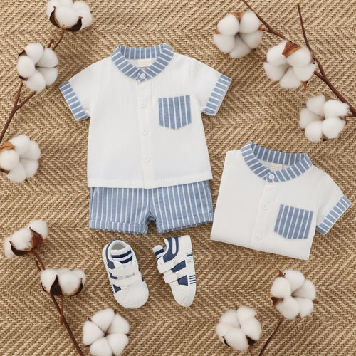 Baby Boys White & Sky Blue Striped Summer Co-Ord Set
