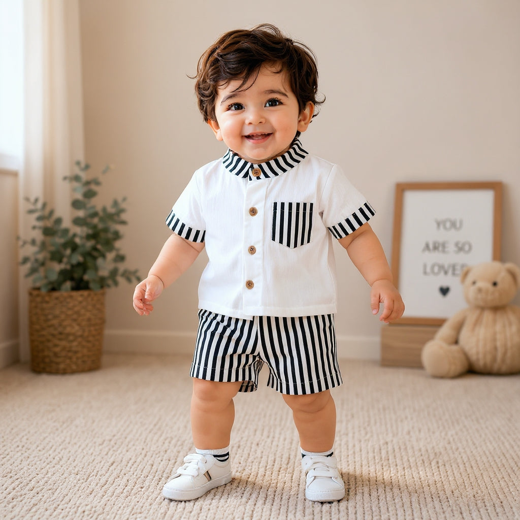 Stylish Kids Summer Co-ord Set | Black & White Striped Half Sleeve Shirt & Shorts Outfit