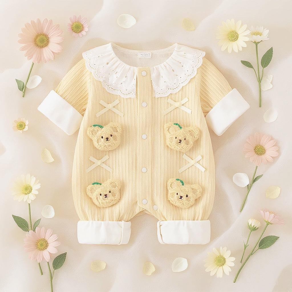 Summer Journey Baby Romper – Pink, Light Yellow & Beige Cute Teddy Cotton Outfit