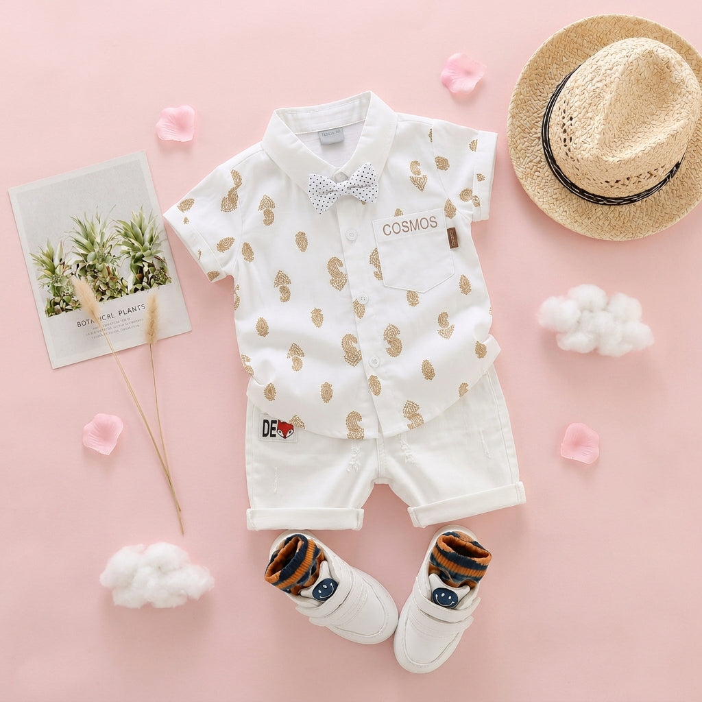 Baby Boys Formal Summer Outfit Set with Bow Tie & Shorts – Available in White, Black & Sky Blue