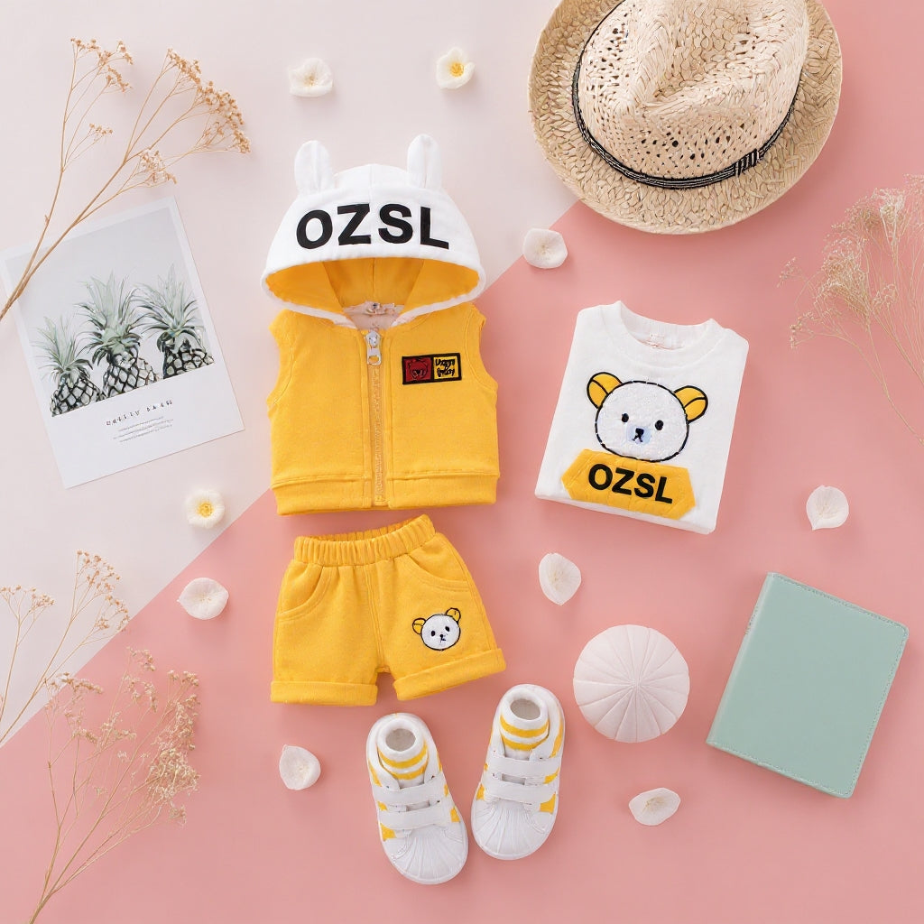 🐻 3PCS Baby Clothing Set – Bunny Ear Hoodie Vest, Cute Bear T-Shirt & Soft Shorts Set for Baby Boys & Girls 💛