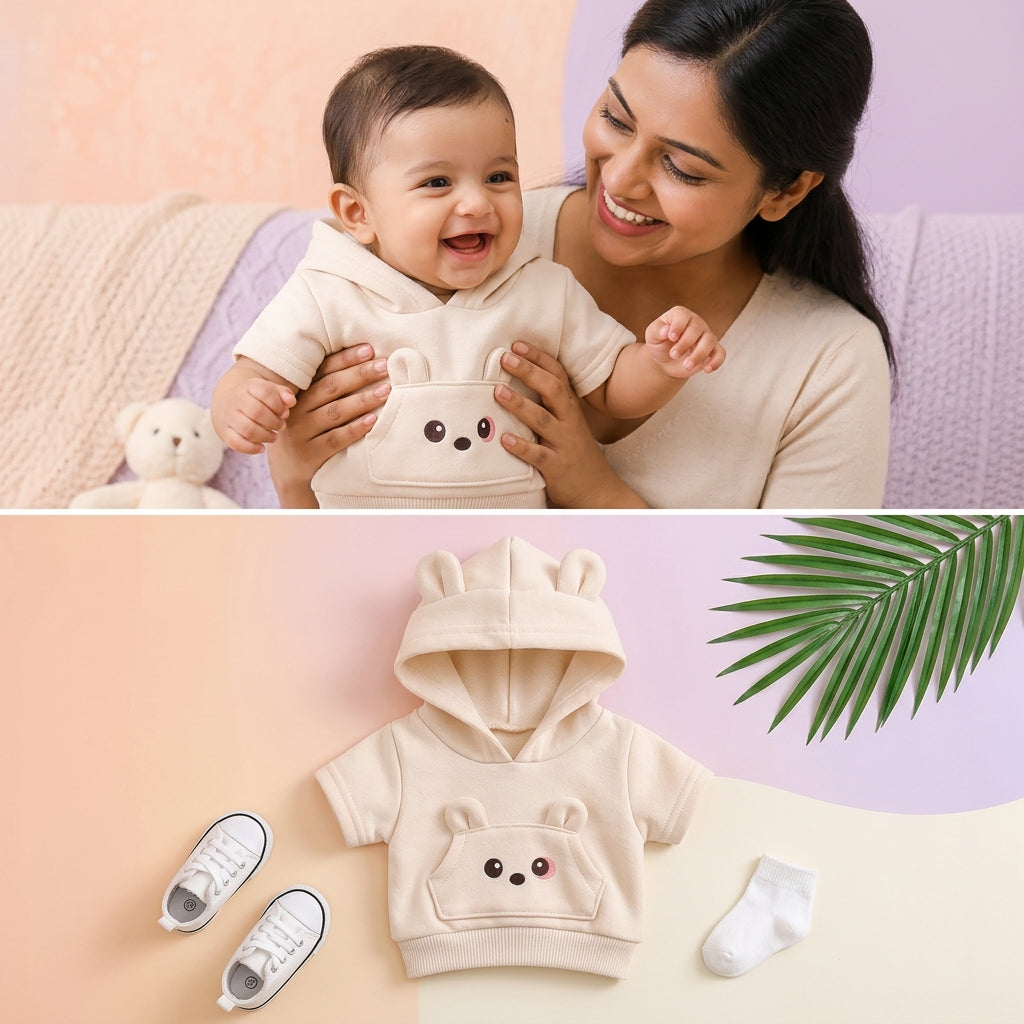 Adorable Bear-Ear Hoodie & Shorts Co-ord Set for Babies – Soft Cotton, Cute Pouch Pocket Design (Cream/Brown)