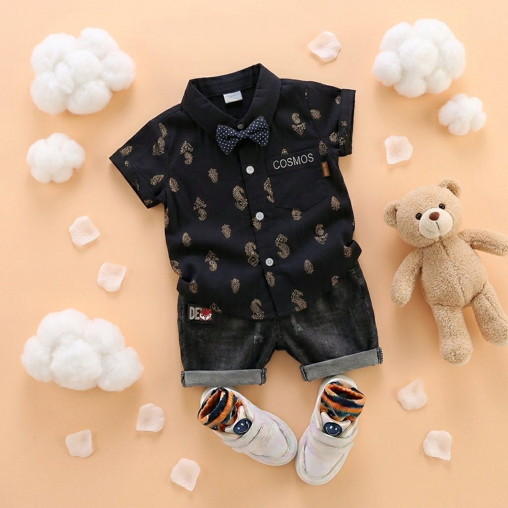 Baby Boys Formal Summer Outfit Set with Bow Tie & Shorts – Available in White, Black & Sky Blue