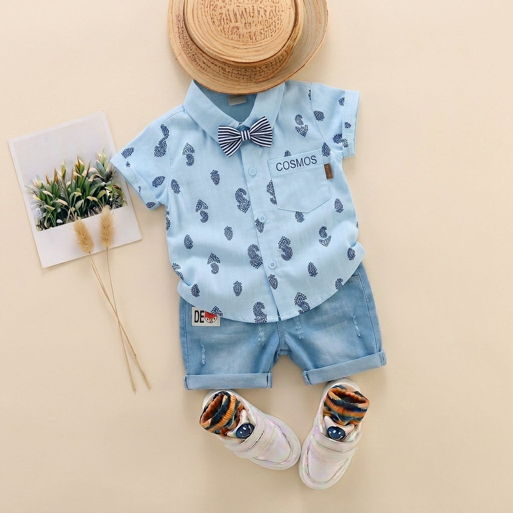Baby Boys Formal Summer Outfit Set with Bow Tie & Shorts – Available in White, Black & Sky Blue