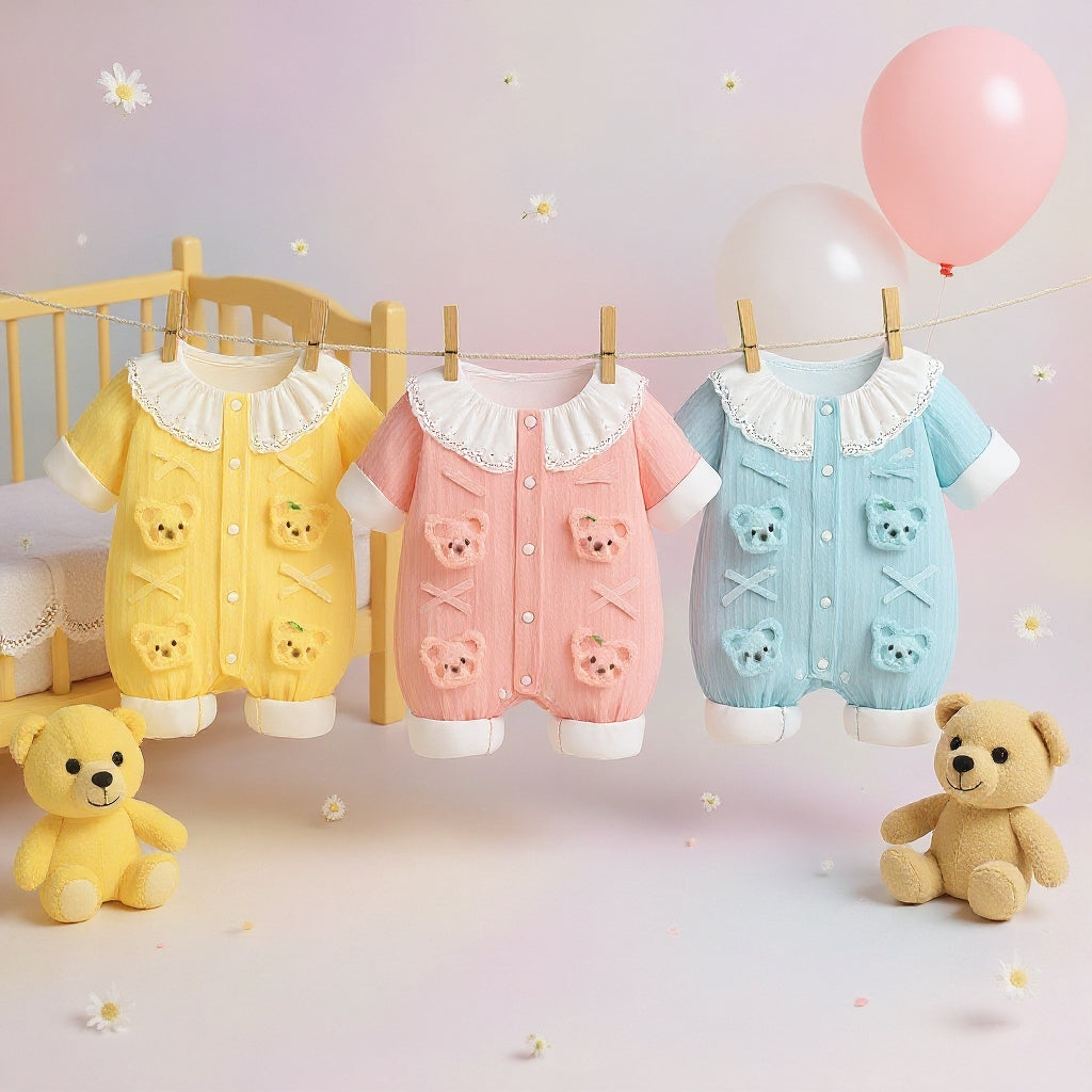 Summer Journey Baby Romper – Pink, Light Yellow & Beige Cute Teddy Cotton Outfit