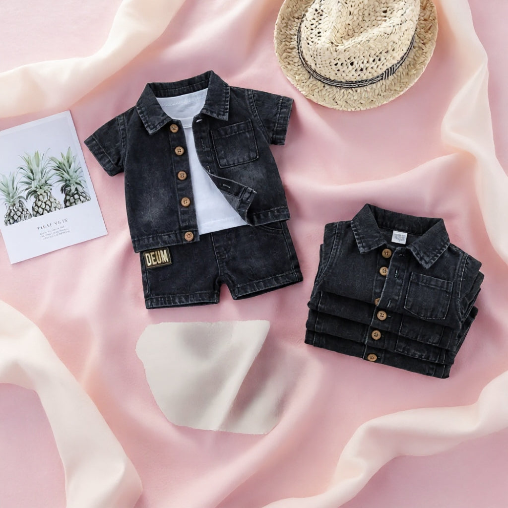 Baby & Kids Denim Co-ord Set | Shirt + T-Shirt + Shorts | Unisex (8M–5Y)