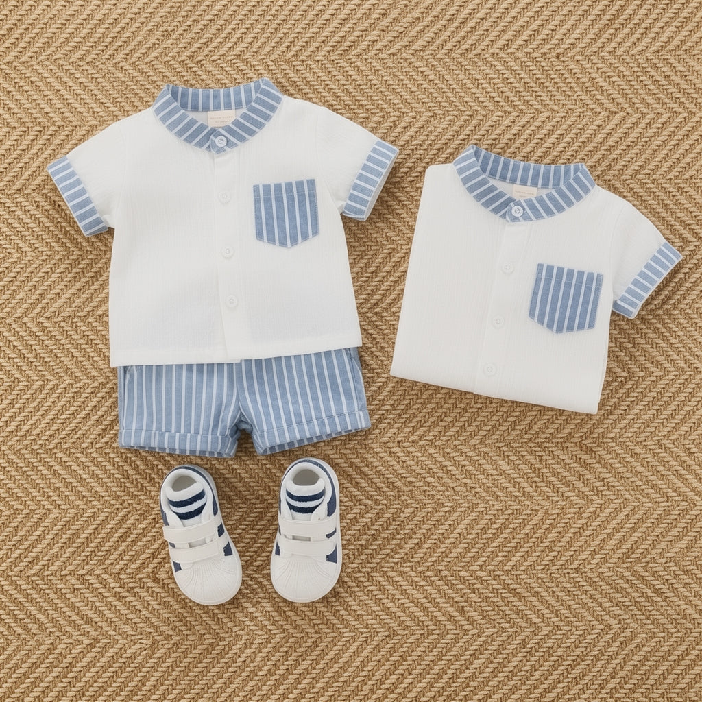 Baby Boys White & Sky Blue Striped Summer Co-Ord Set
