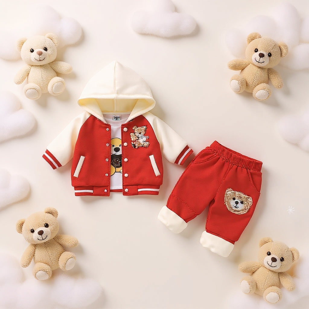 🧸 Cute Teddy Hoodie Boys 3-Piece Co-ord Set 👕✨