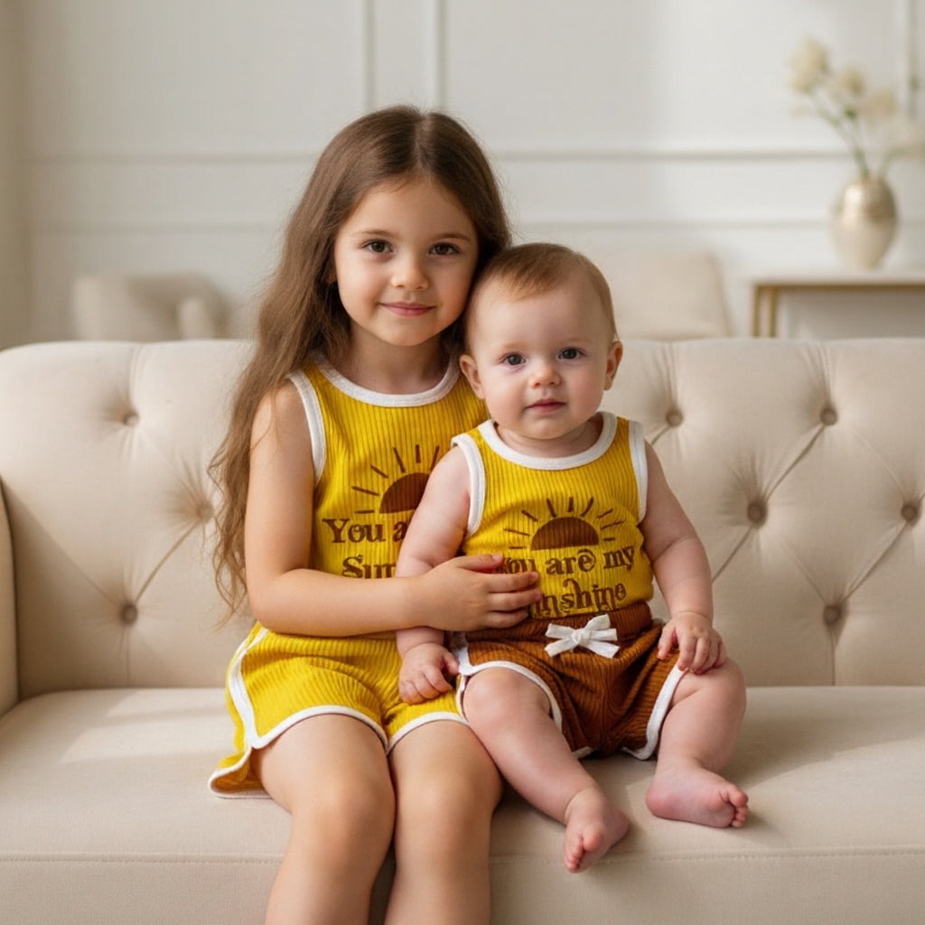 ✨ Sunshine Ribbed Kids Summer Co-Ord Set ☀️ | Soft Cotton Sleeveless Top & Shorts for Baby Boys & Girls (0-5 Years)