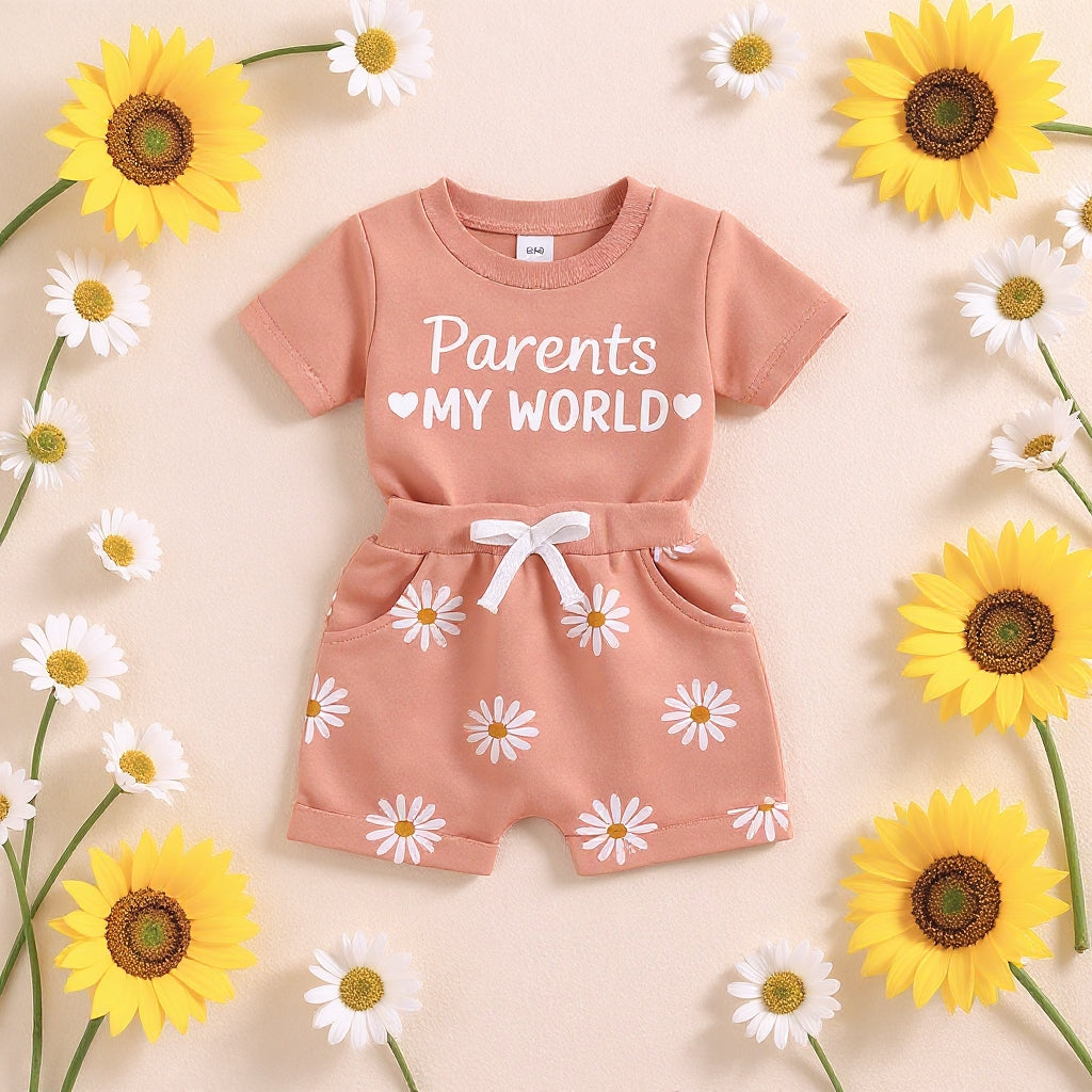 🌸 Parents My World Kids Summer Co-Ord Set 💖 | Soft Cotton T-Shirt & Daisy Shorts Combo (3 Colors, 0–5 Years)