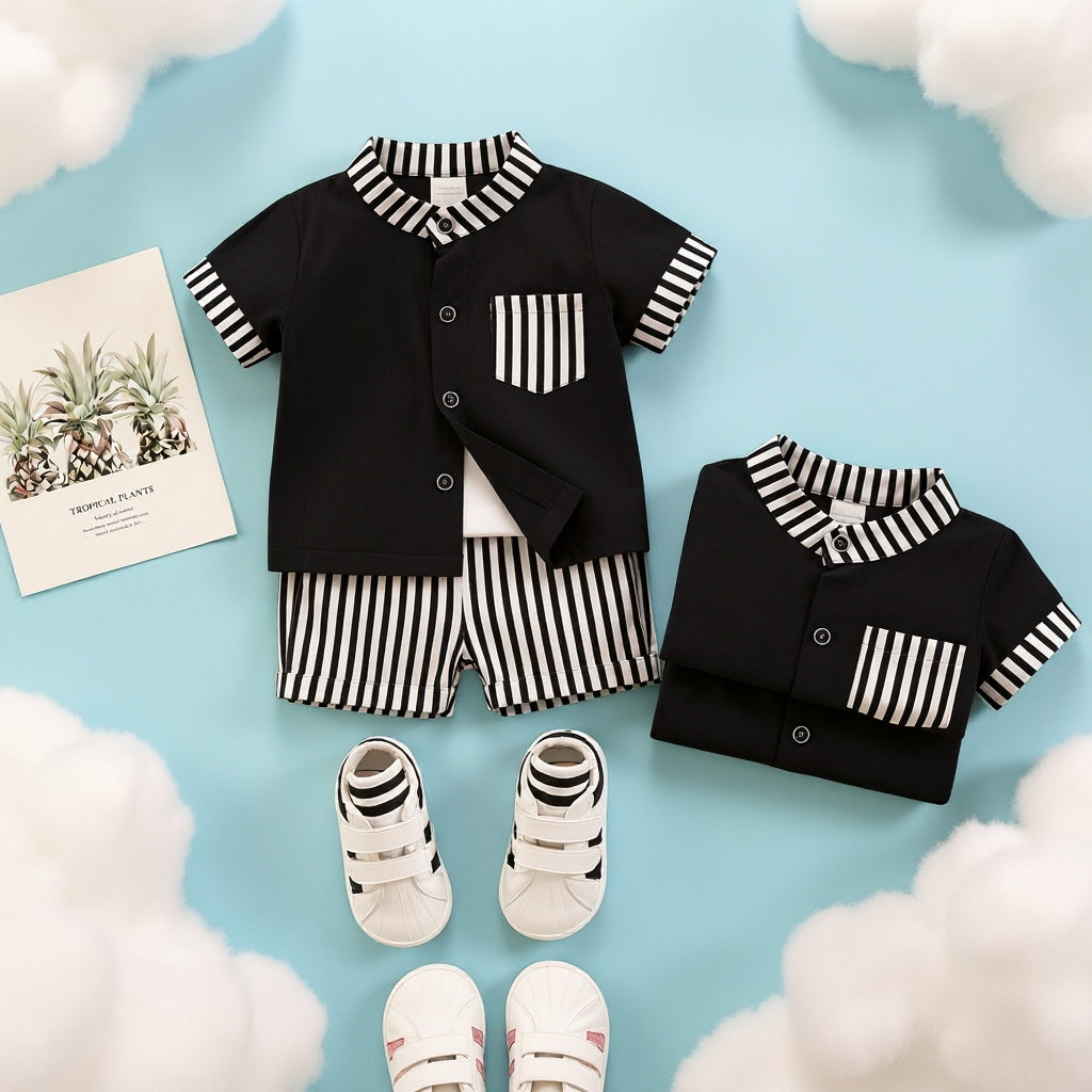 Stylish Kids Summer Co-ord Set | Black & White Striped Half Sleeve Shirt & Shorts Outfit