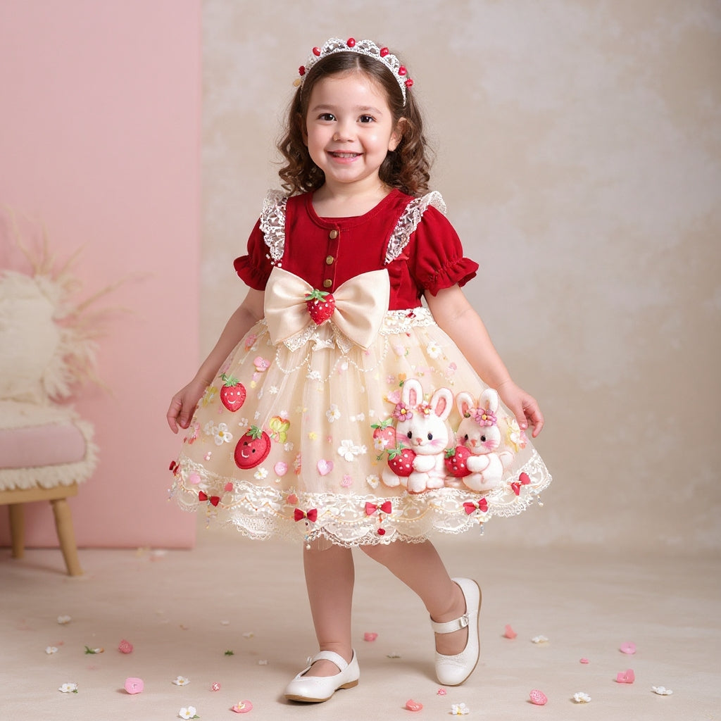🍓 Cute Bunny Strawberry Baby Girl Party Dress 🎀