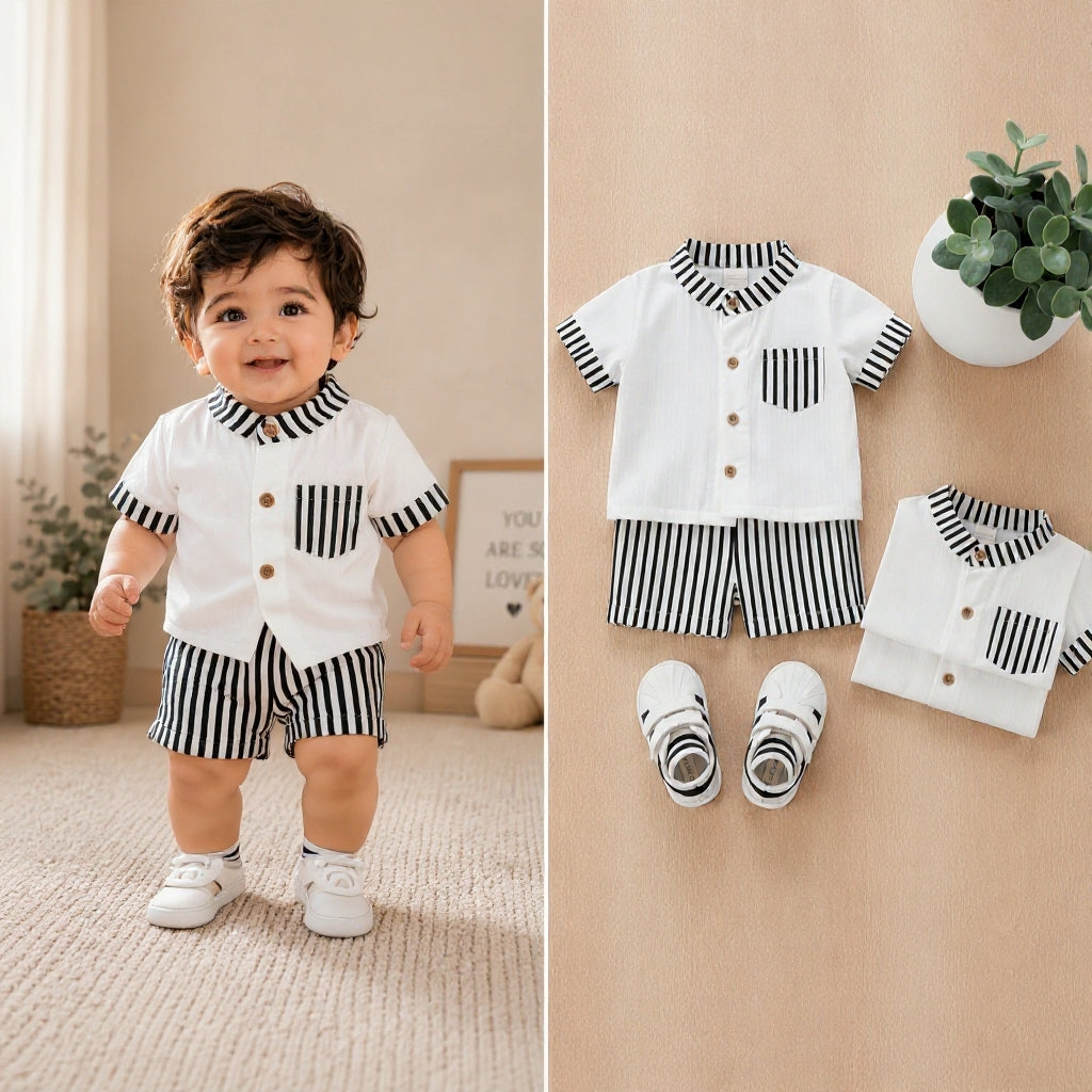 Stylish Kids Summer Co-ord Set | Black & White Striped Half Sleeve Shirt & Shorts Outfit