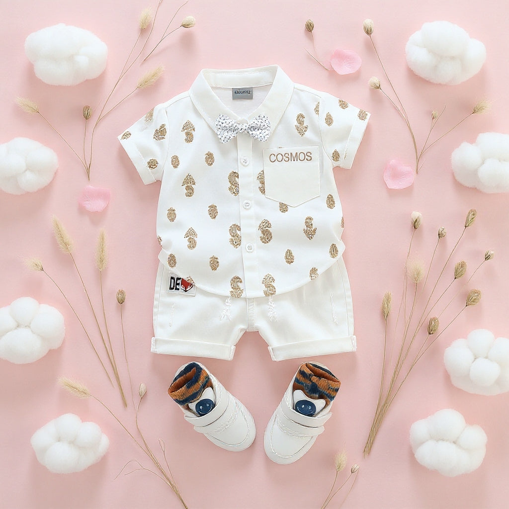 Baby Boys Formal Summer Outfit Set with Bow Tie & Shorts – Available in White, Black & Sky Blue