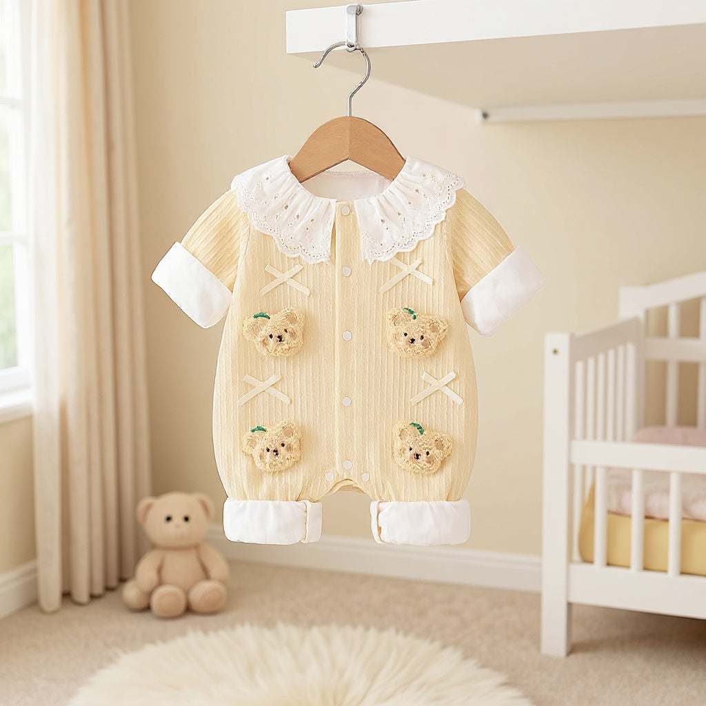 Summer Journey Baby Romper – Pink, Light Yellow & Beige Cute Teddy Cotton Outfit