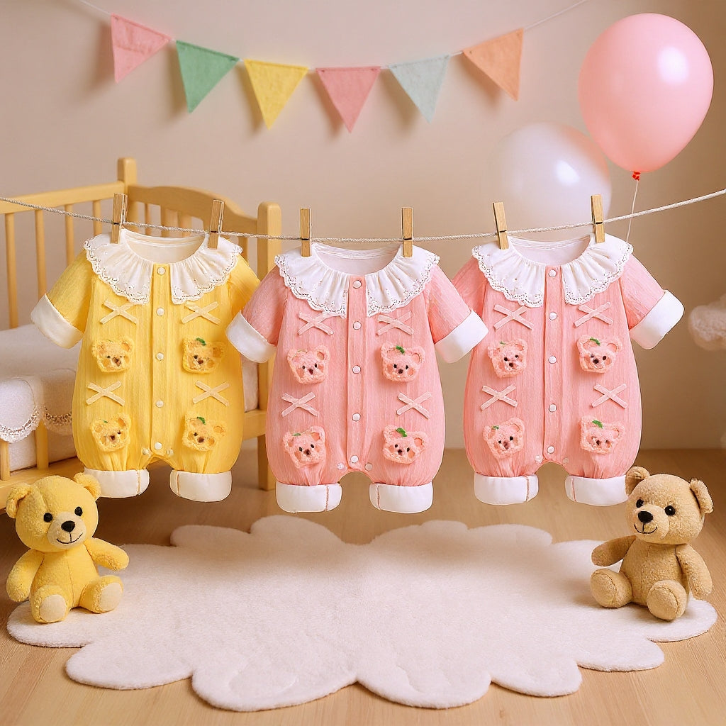 Summer Journey Baby Romper – Pink, Light Yellow & Beige Cute Teddy Cotton Outfit