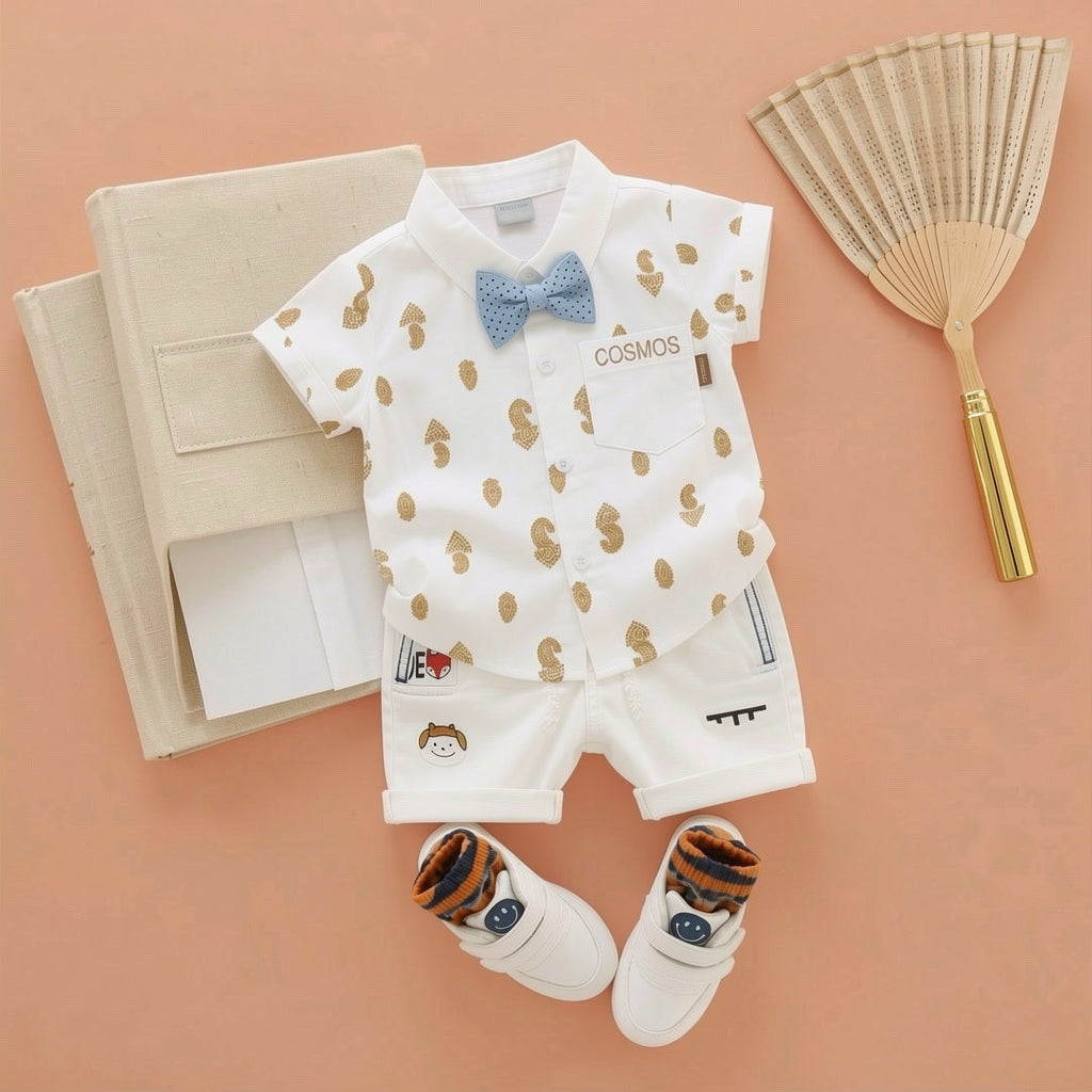 Baby Boys Formal Summer Outfit Set with Bow Tie & Shorts – Available in White, Black & Sky Blue