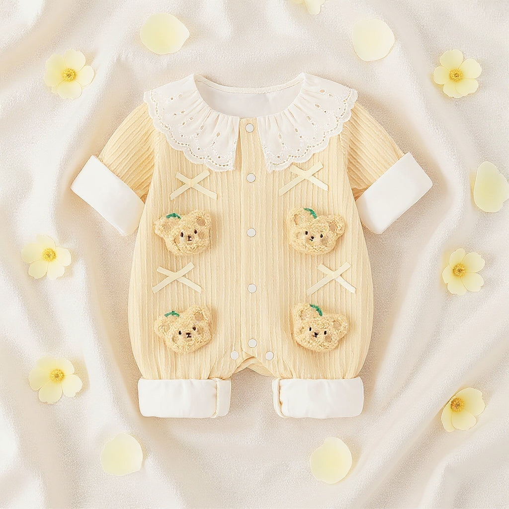 Summer Journey Baby Romper – Pink, Light Yellow & Beige Cute Teddy Cotton Outfit