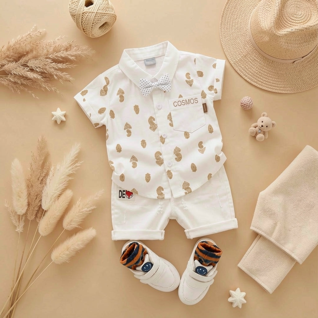 Baby Boys Formal Summer Outfit Set with Bow Tie & Shorts – Available in White, Black & Sky Blue
