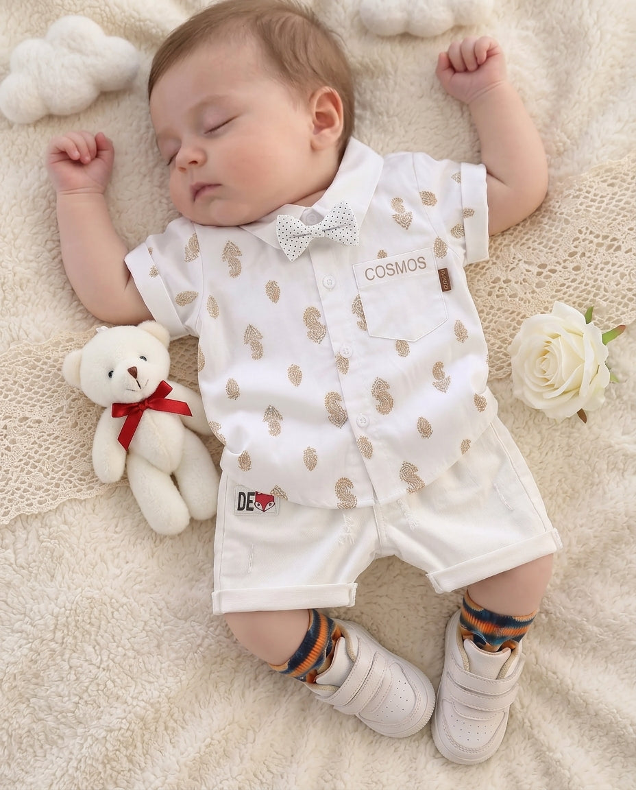 Baby Boys Formal Summer Outfit Set with Bow Tie & Shorts – Available in White, Black & Sky Blue