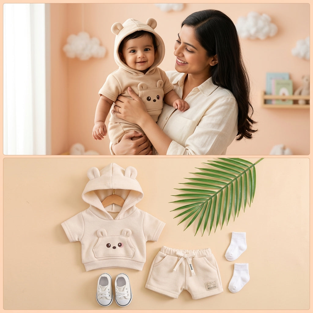 Adorable Bear-Ear Hoodie & Shorts Co-ord Set for Babies – Soft Cotton, Cute Pouch Pocket Design (Cream/Brown)