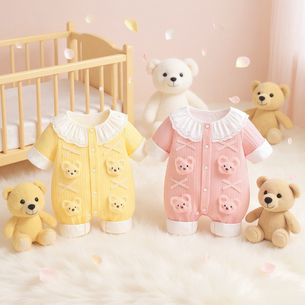 Summer Journey Baby Romper – Pink, Light Yellow & Beige Cute Teddy Cotton Outfit