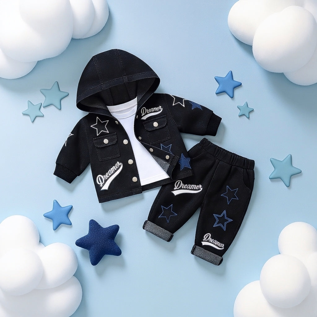 Dreamer Star Denim Jacket & Pants Set for Baby Boys 🌟 Premium 3-Piece Co-ord Set | 4 Colors Available