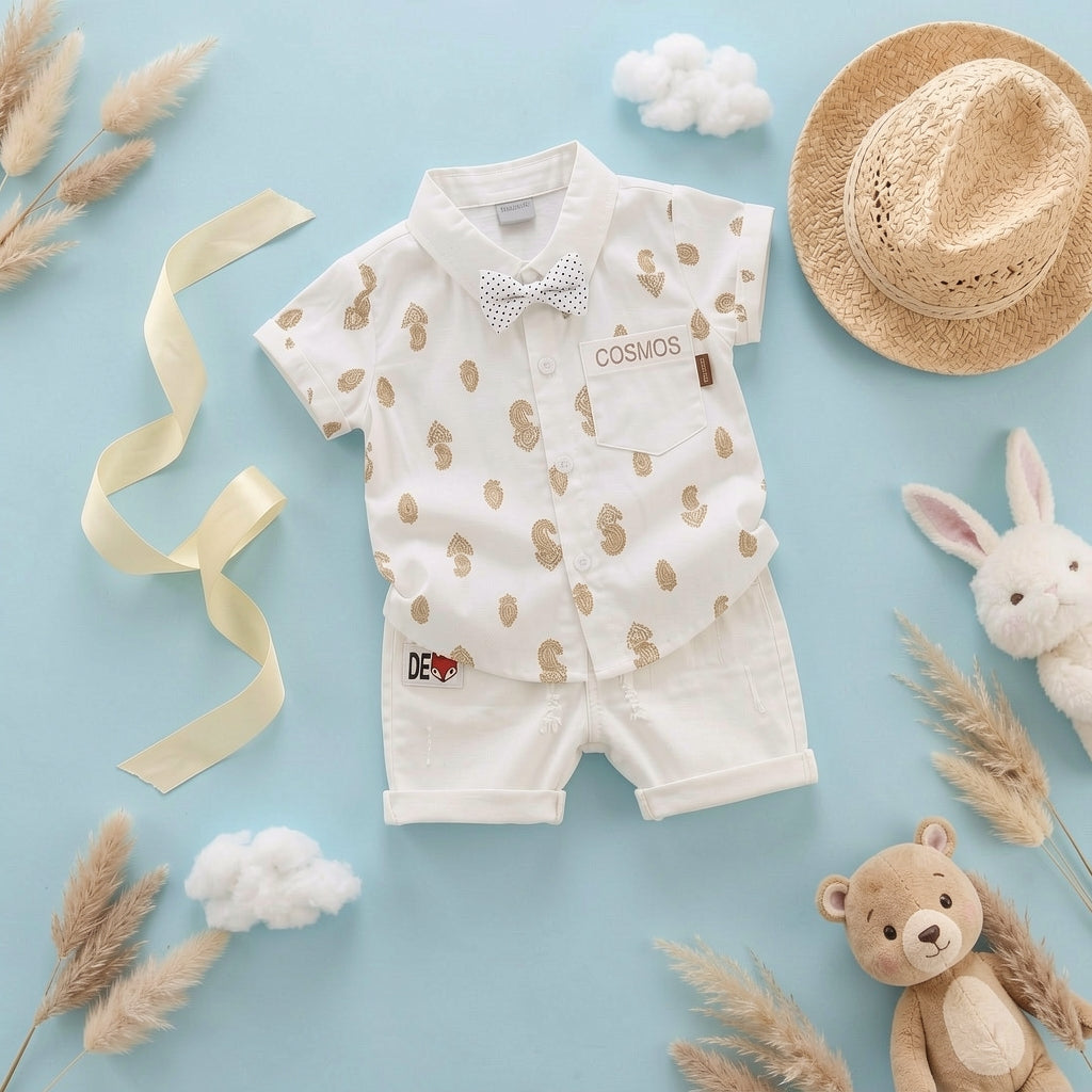 Baby Boys Formal Summer Outfit Set with Bow Tie & Shorts – Available in White, Black & Sky Blue