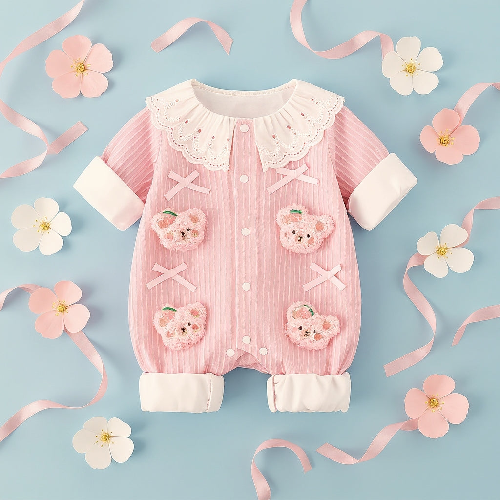 Summer Journey Baby Romper – Pink, Light Yellow & Beige Cute Teddy Cotton Outfit