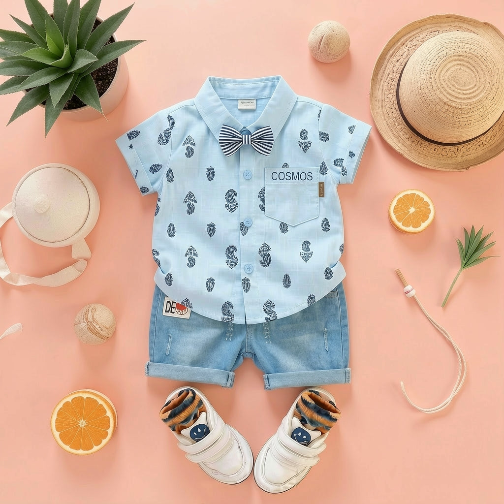 Baby Boys Formal Summer Outfit Set with Bow Tie & Shorts – Available in White, Black & Sky Blue