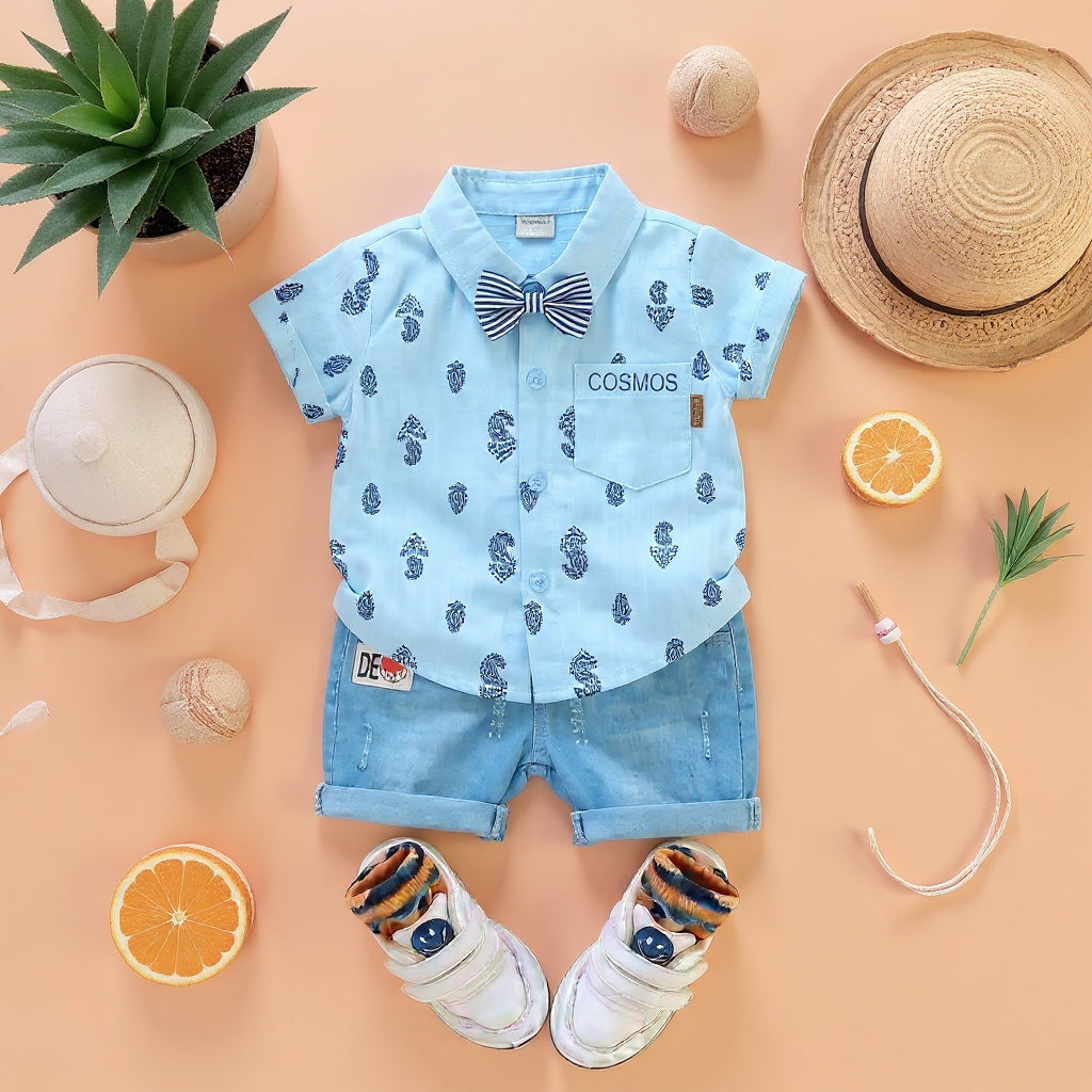 Baby Boys Formal Summer Outfit Set with Bow Tie & Shorts – Available in White, Black & Sky Blue