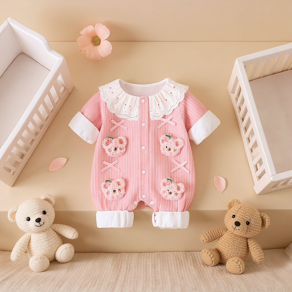 Summer Journey Baby Romper – Pink, Light Yellow & Beige Cute Teddy Cotton Outfit