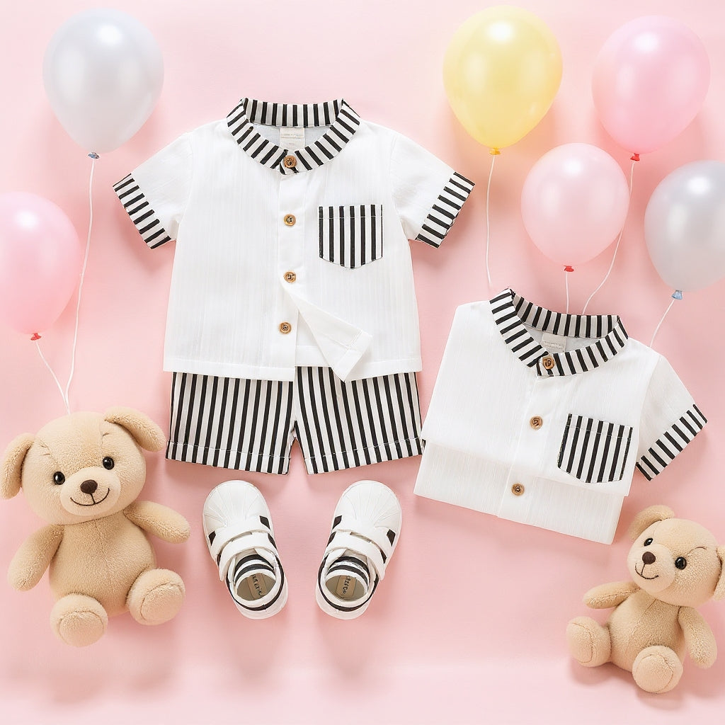 Stylish Kids Summer Co-ord Set | Black & White Striped Half Sleeve Shirt & Shorts Outfit