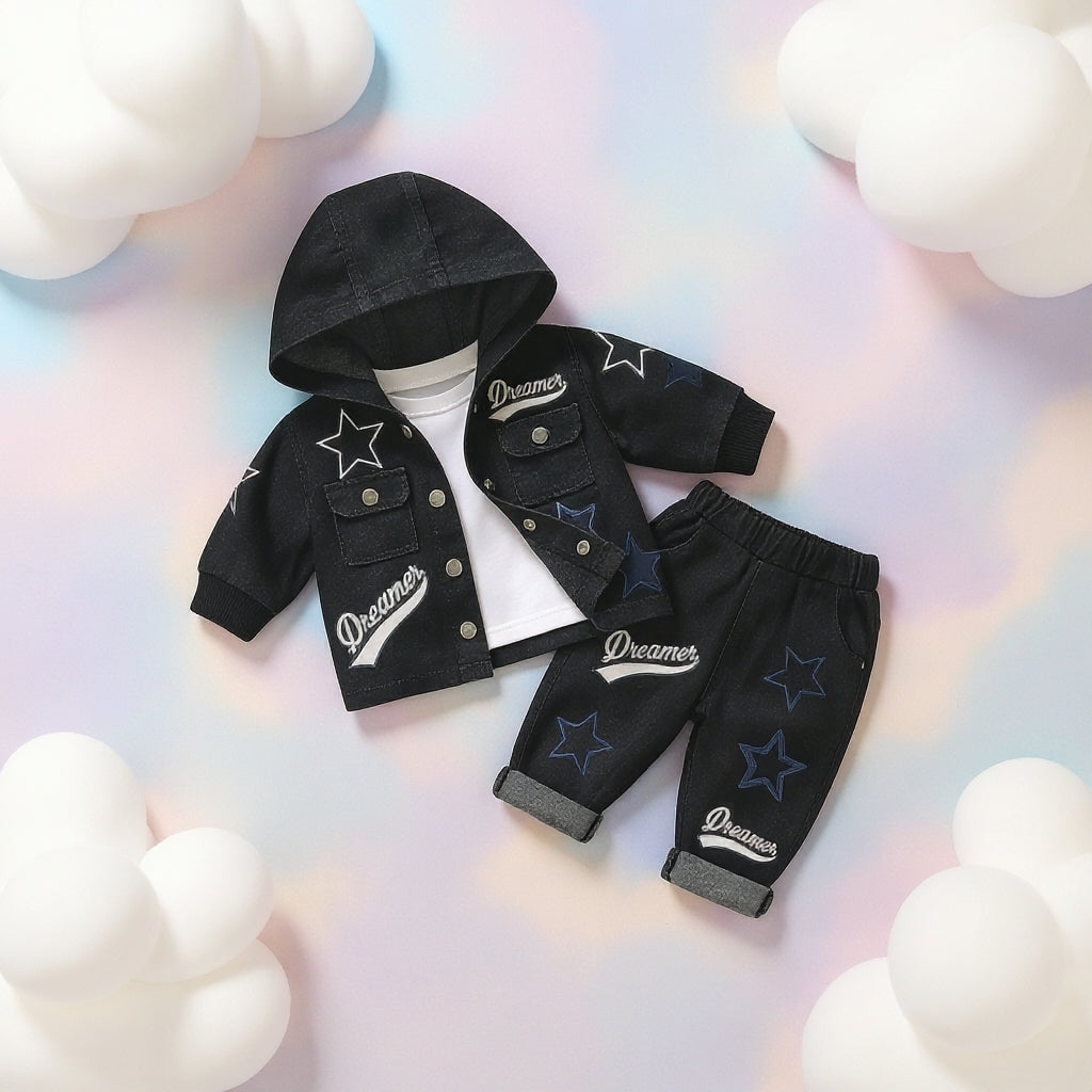 Dreamer Star Denim Jacket & Pants Set for Baby Boys 🌟 Premium 3-Piece Co-ord Set | 4 Colors Available
