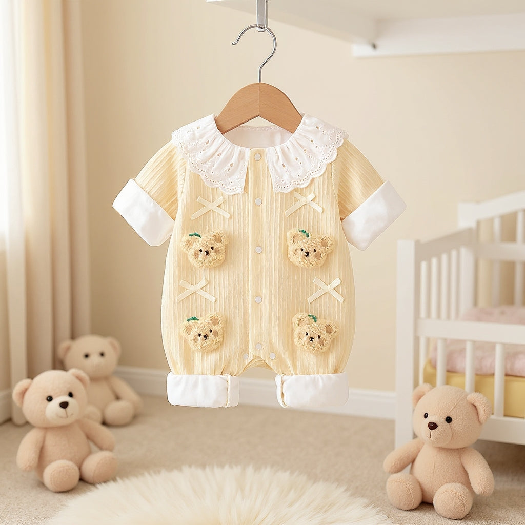 Summer Journey Baby Romper – Pink, Light Yellow & Beige Cute Teddy Cotton Outfit