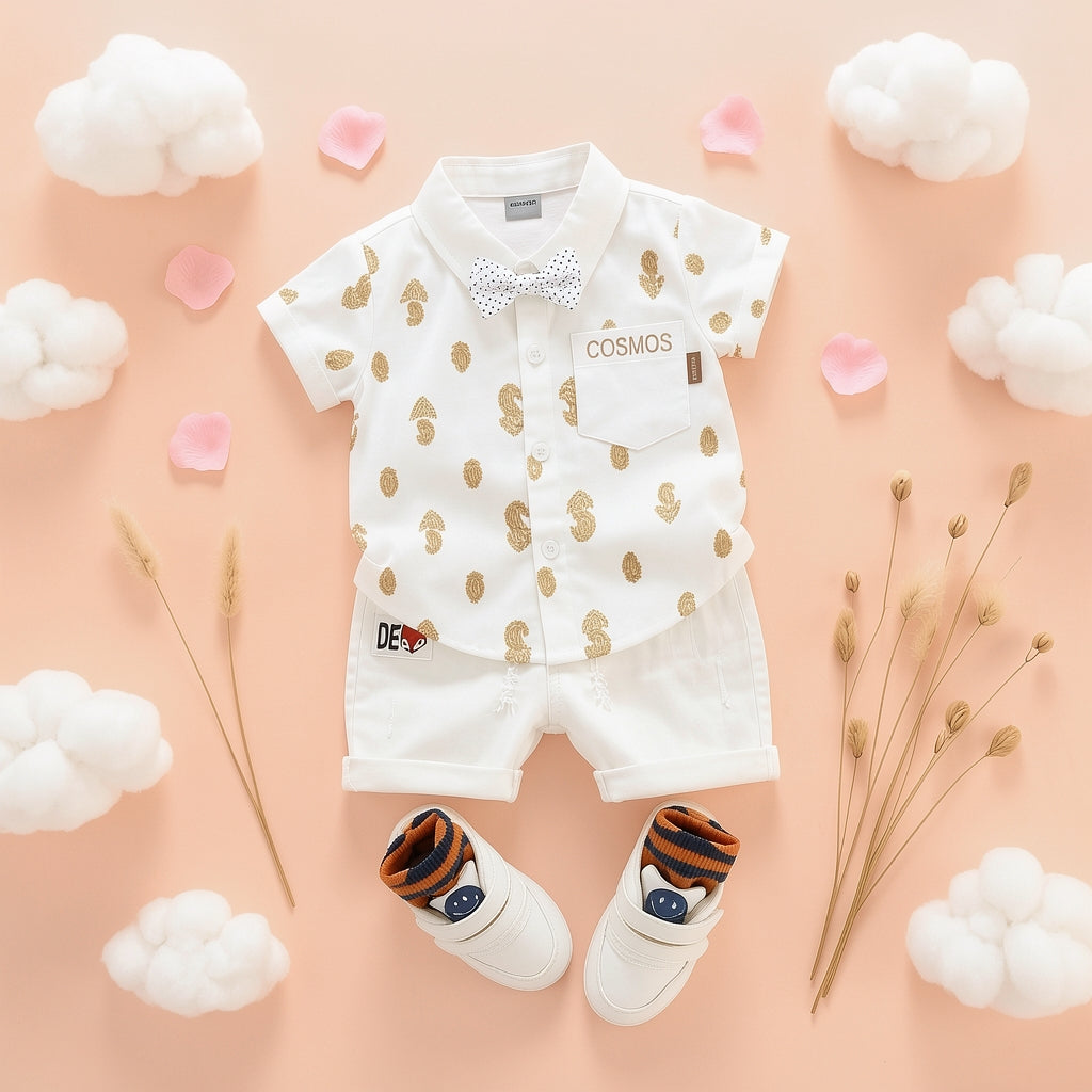 Baby Boys Formal Summer Outfit Set with Bow Tie & Shorts – Available in White, Black & Sky Blue