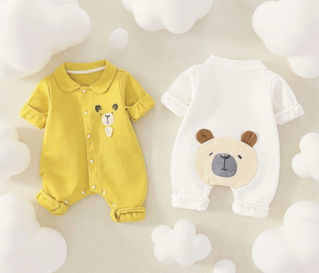 Cute Baby Romper Jumpsuit Set for Boys & Girls | Soft Cotton Half Sleeve Newborn Dress with Bear Design | Comfortable Summer Wear for 0-12 Months Babies