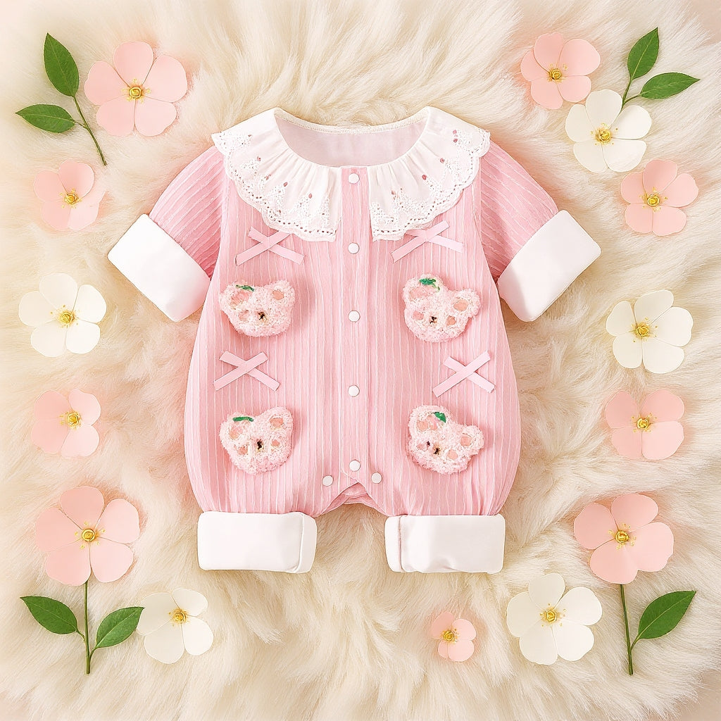 Summer Journey Baby Romper – Pink, Light Yellow & Beige Cute Teddy Cotton Outfit