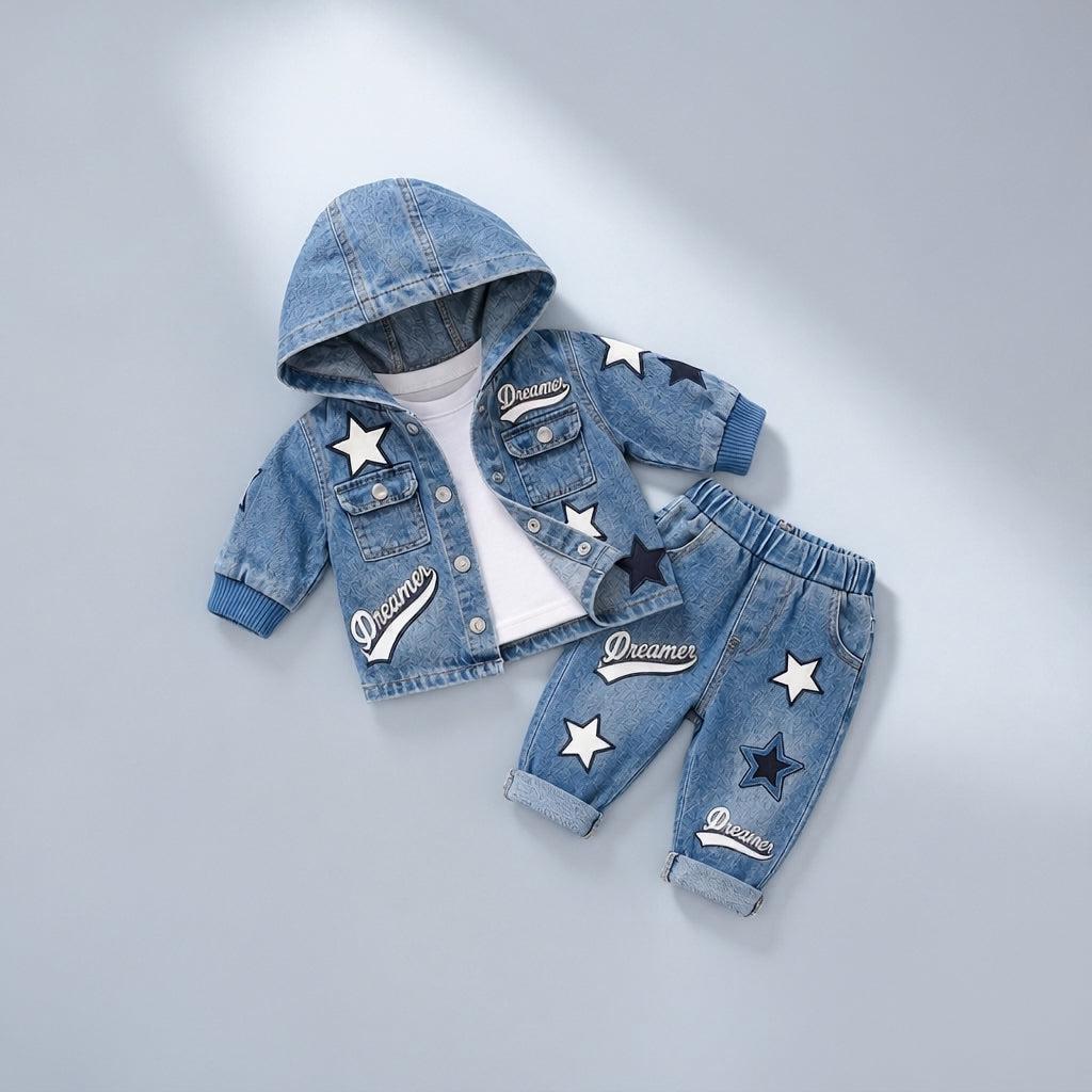 Dreamer Star Denim Jacket & Pants Set for Baby Boys 🌟 Premium 3-Piece Co-ord Set | 4 Colors Available