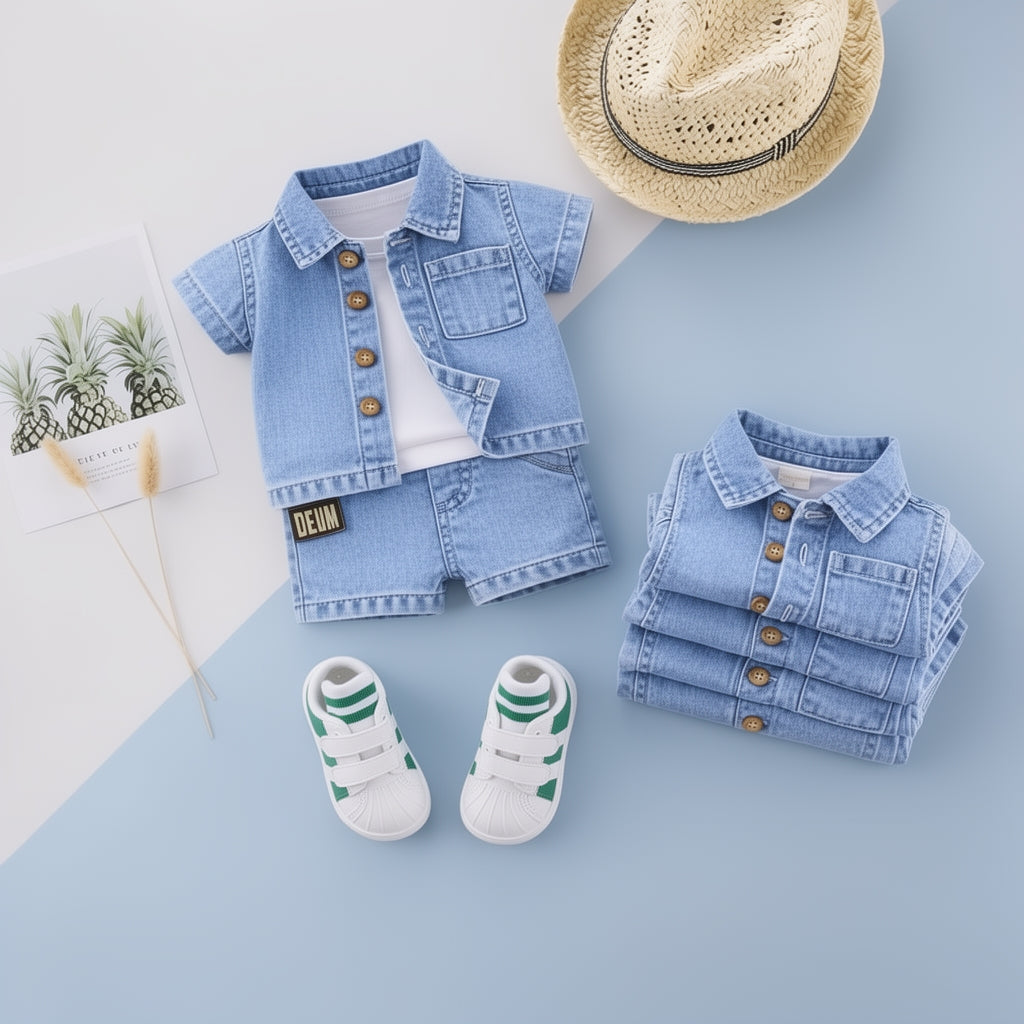 ✨ Cute Baby Denim Outfit Set – Shirt, T-Shirt & Shorts Combo 👶💙