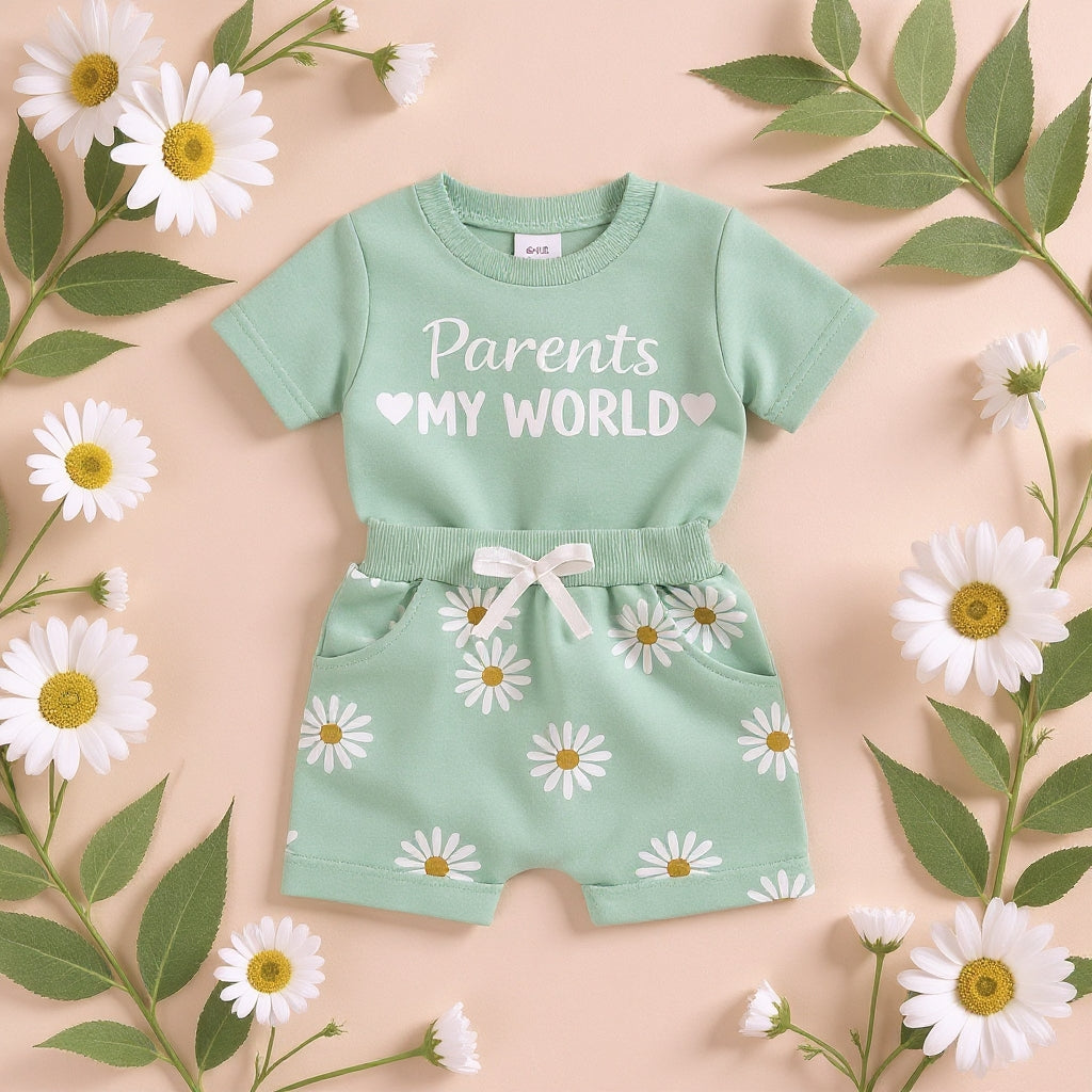 🌸 Parents My World Kids Summer Co-Ord Set 💖 | Soft Cotton T-Shirt & Daisy Shorts Combo (3 Colors, 0–5 Years)
